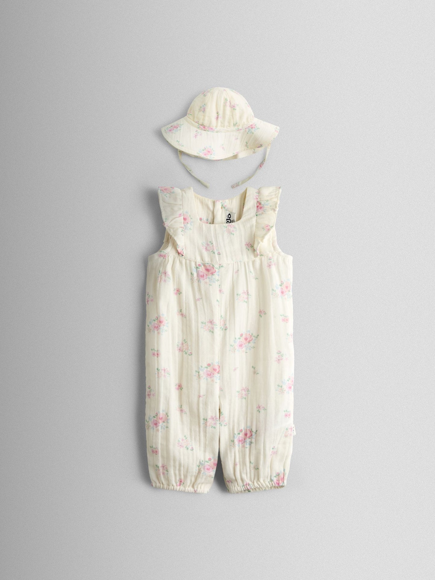 JoJo Maman Bébé Cream Floral Frill Romper & Hat Set image 2
