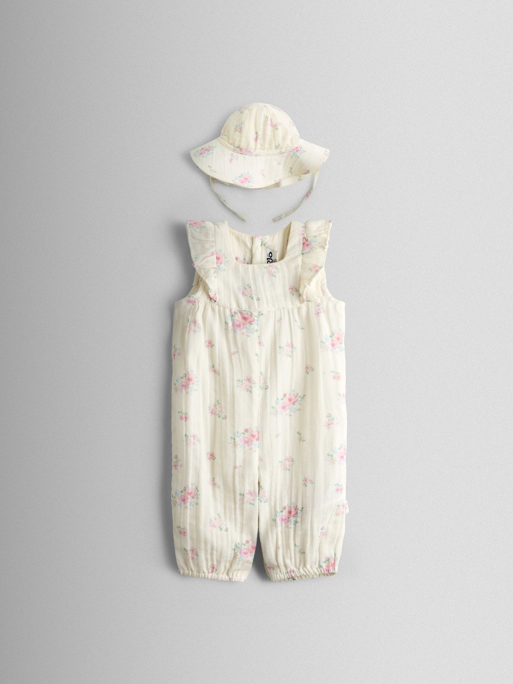 JoJo Maman Bébé Cream Floral Frill Romper & Hat Set image 2