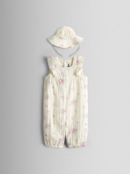 JoJo Maman Bébé Cream Floral Frill Romper & Hat Set image 2