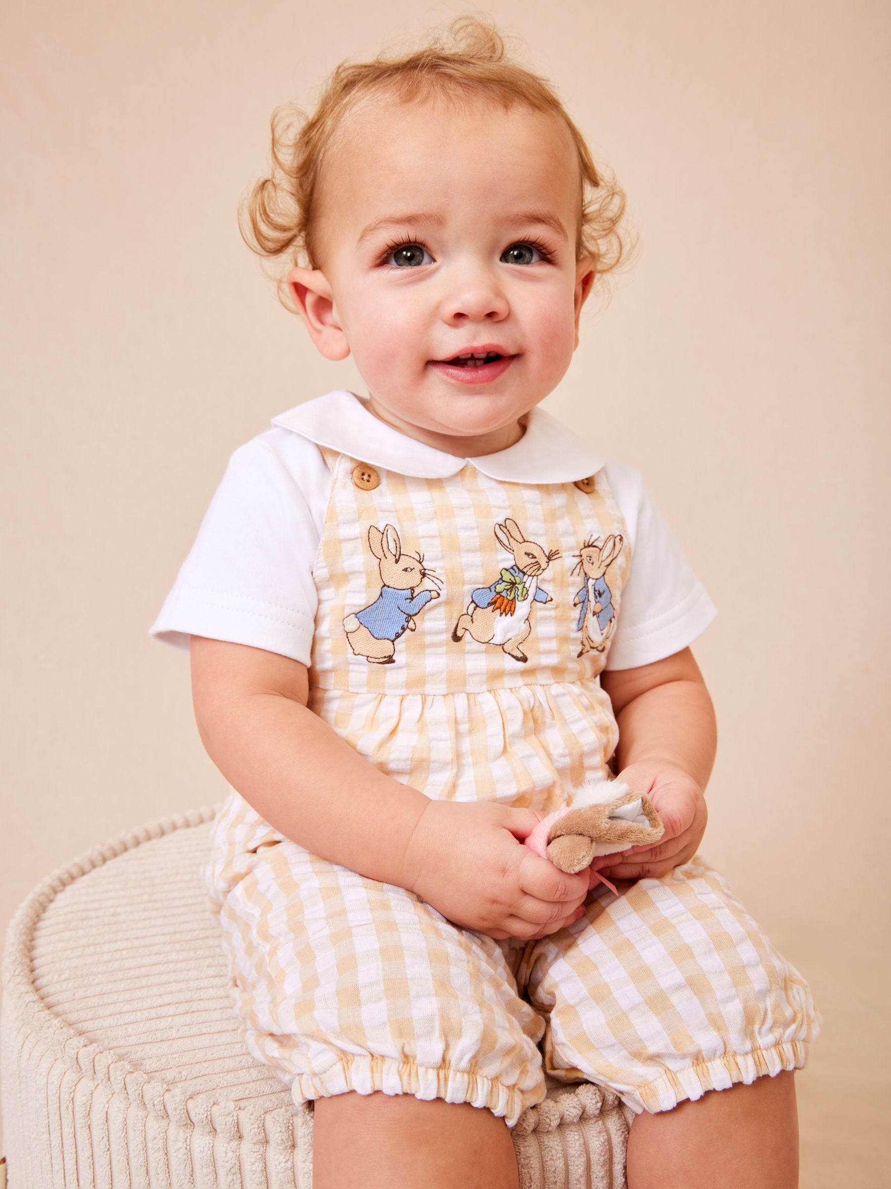 JoJo Maman Bébé Natural Peter Rabbit™ Checked Dungaree & Body Set image 1