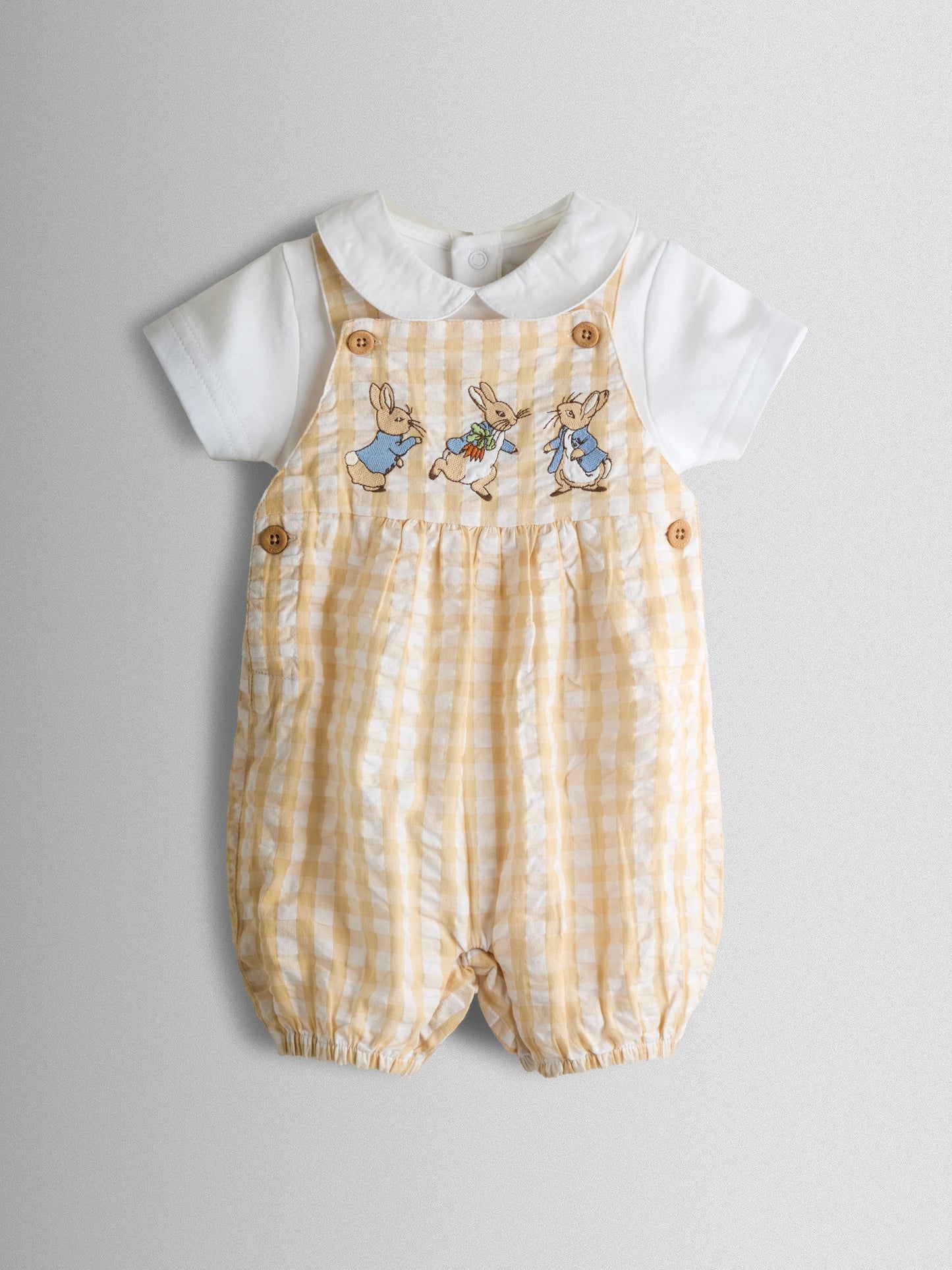 JoJo Maman Bébé Natural Peter Rabbit™ Checked Dungaree & Body Set image 2