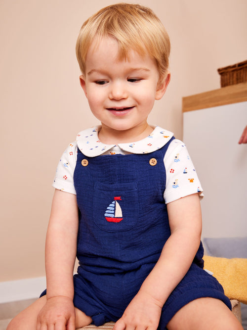 JoJo Maman Bébé Navy Nautical Embroidered Dungaree & Body Set image 1