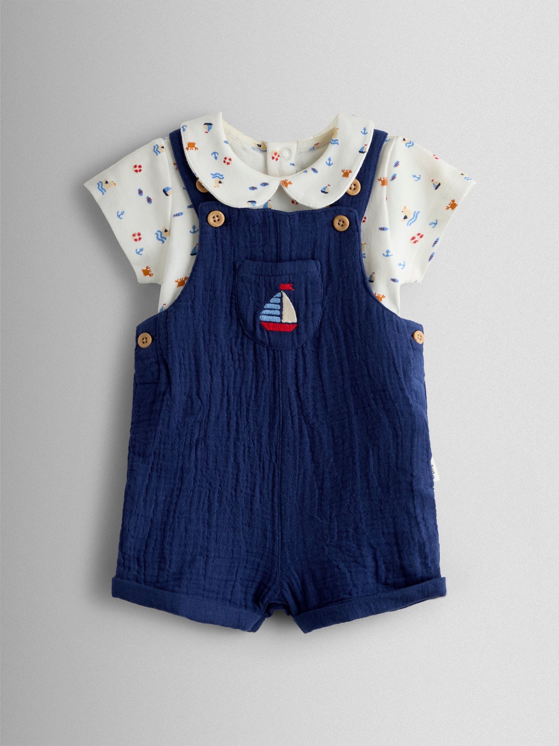 JoJo Maman Bébé Navy Nautical Embroidered Dungaree & Body Set image 2