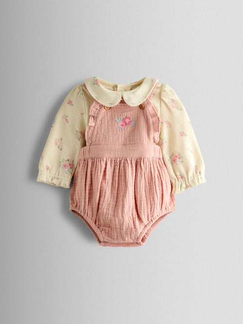 JoJo Maman Bébé Pink Floral Bubble Dungaree and Body Set image 1
