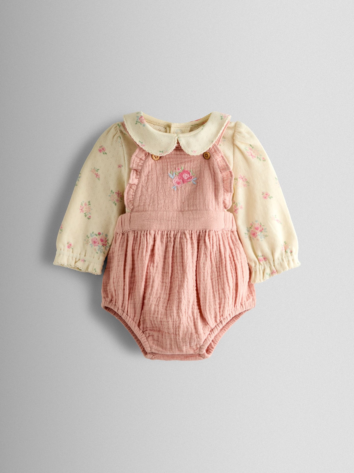 JoJo Maman Bébé Pink Floral Bubble Dungaree and Body Set image 1