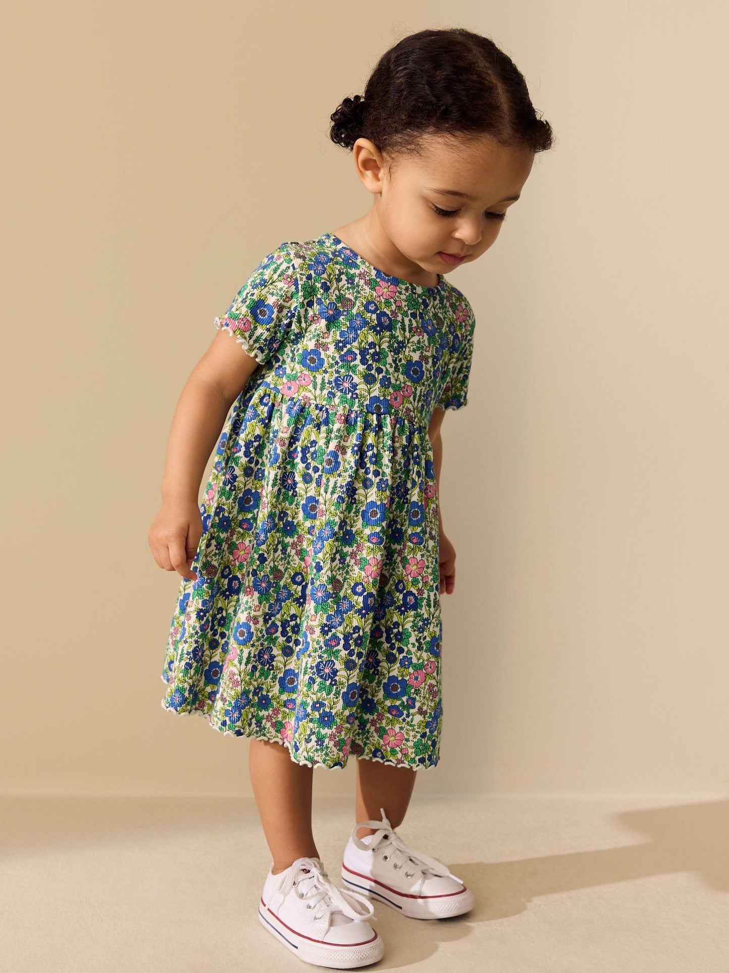 Blue Floral Short Sleeve Ribbed Dress (3mths-7yrs) image 1