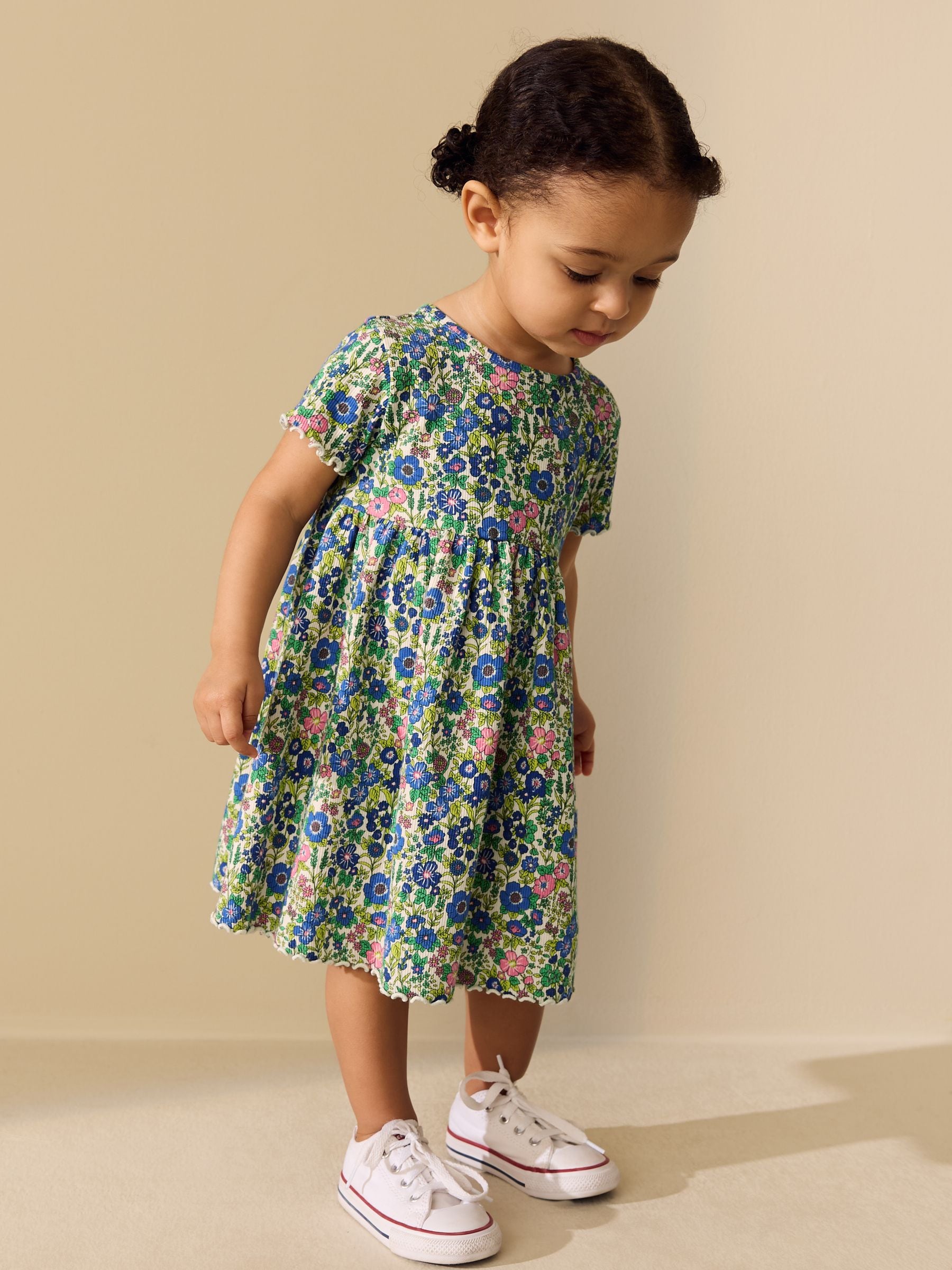 Blue Floral Short Sleeve Ribbed Dress (3mths-7yrs) image 1