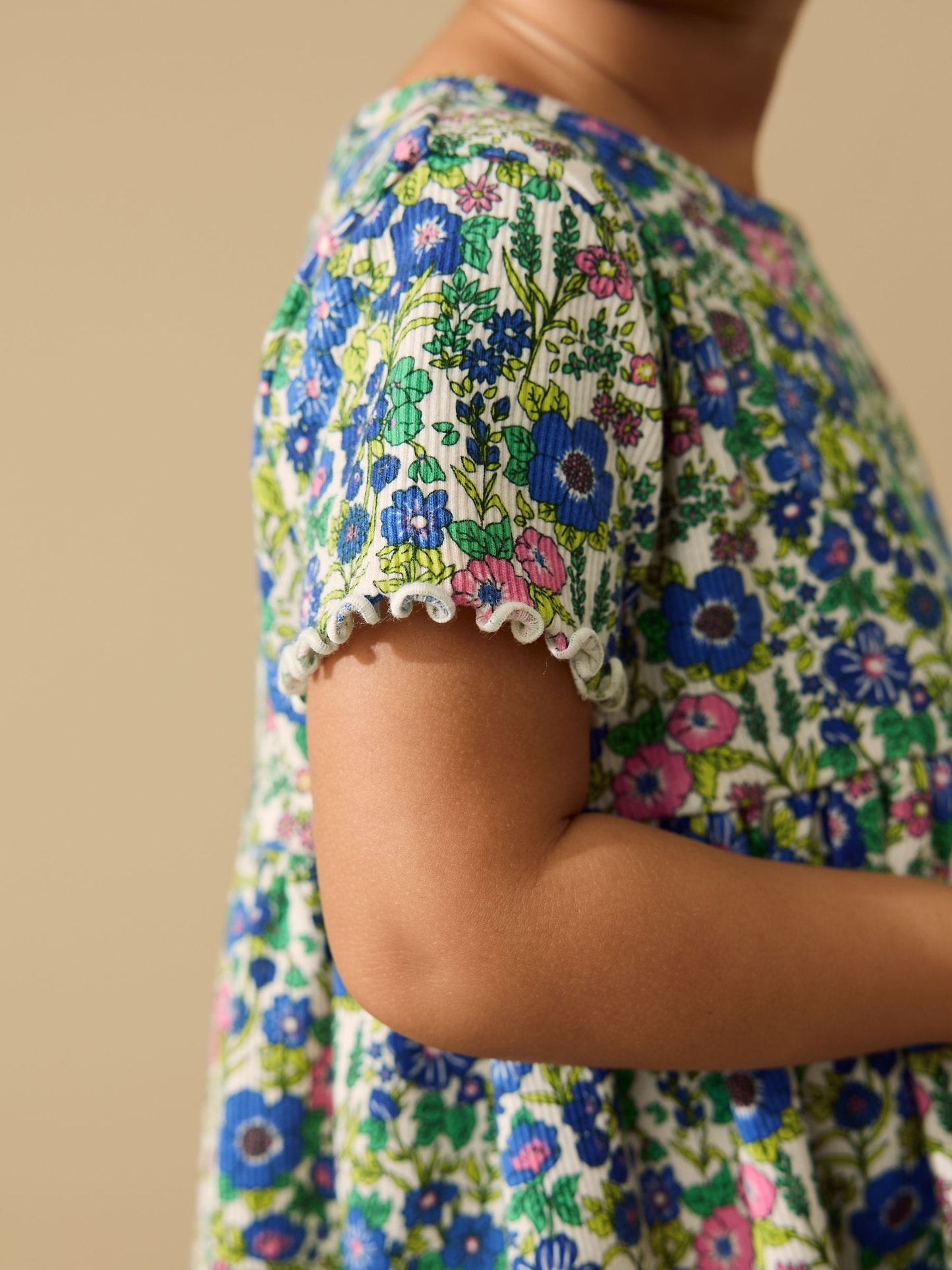 Blue Floral Short Sleeve Ribbed Dress (3mths-7yrs) image 3