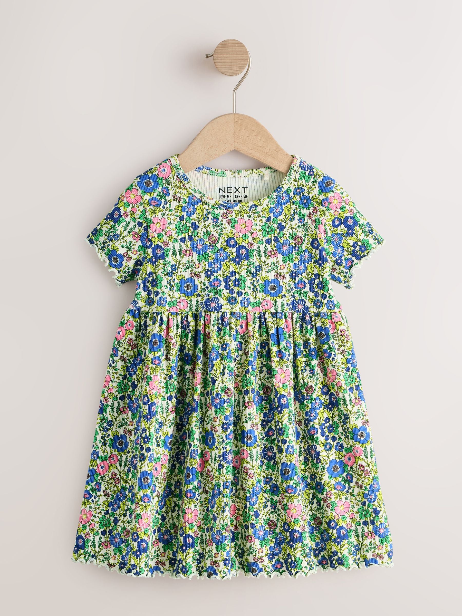 Blue Floral Short Sleeve Ribbed Dress (3mths-7yrs) image 4