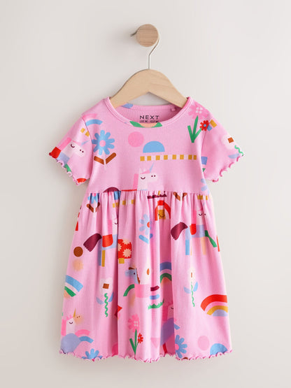 Pink Unicorn Short Sleeve Ribbed Dress (3mths-7yrs) image 3