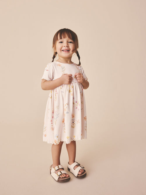 Cream Floral Short Sleeve Ribbed Dress (3mths-7yrs) image 1