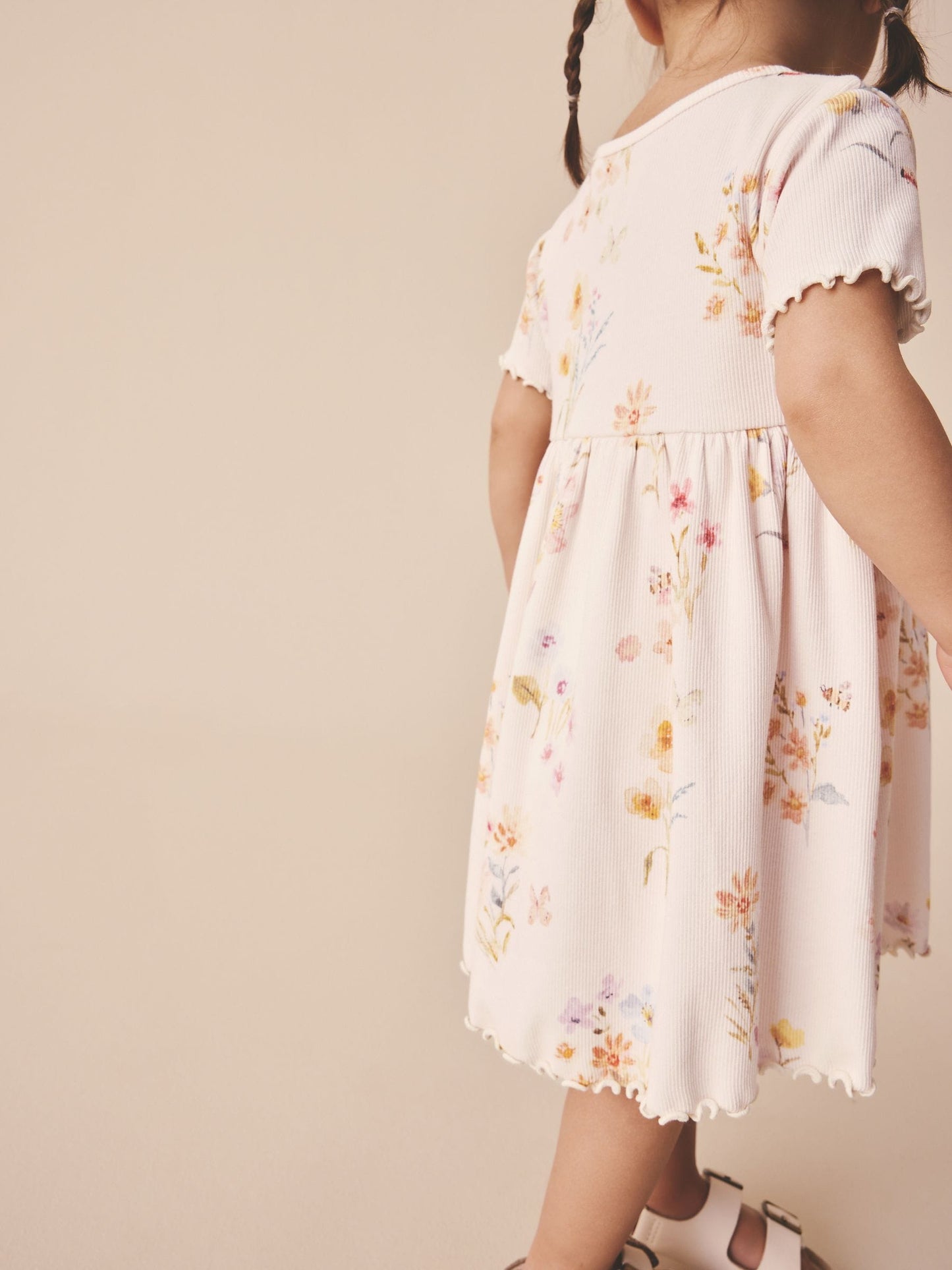 Cream Floral Short Sleeve Ribbed Dress (3mths-7yrs) image 3