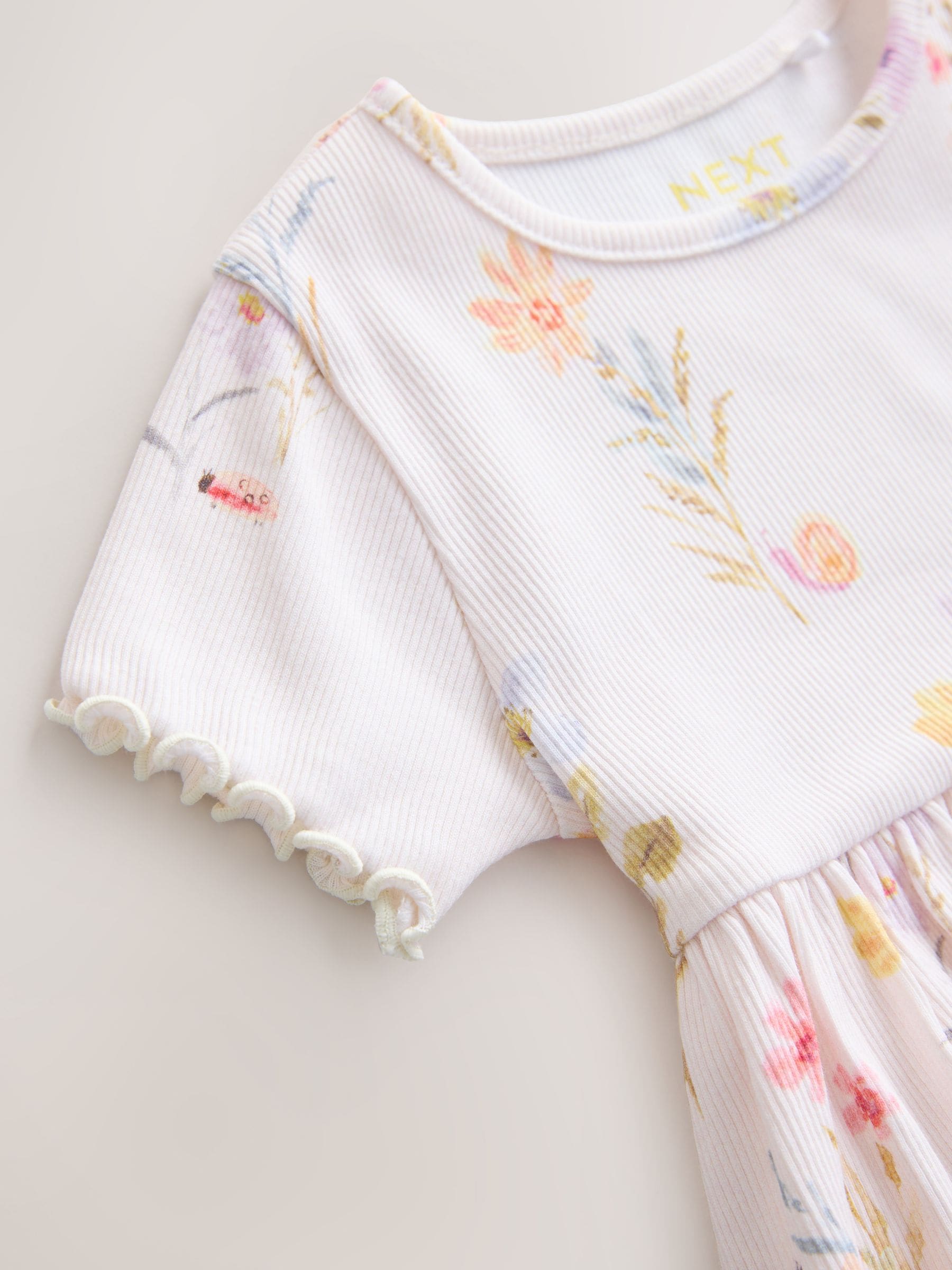 Cream Floral Short Sleeve Ribbed Dress (3mths-7yrs) image 6