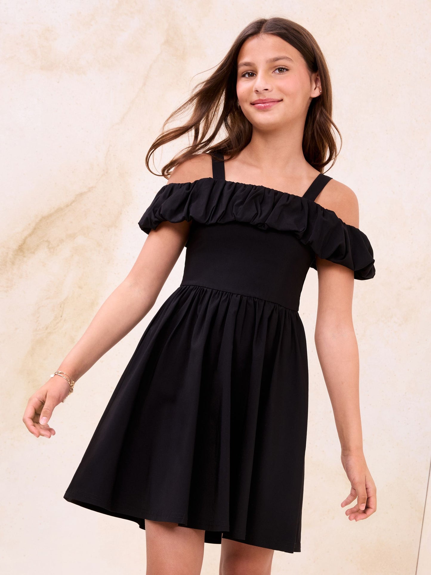 Lipsy Black Puff Detail Bardot Dress (5-16yrs) image 1