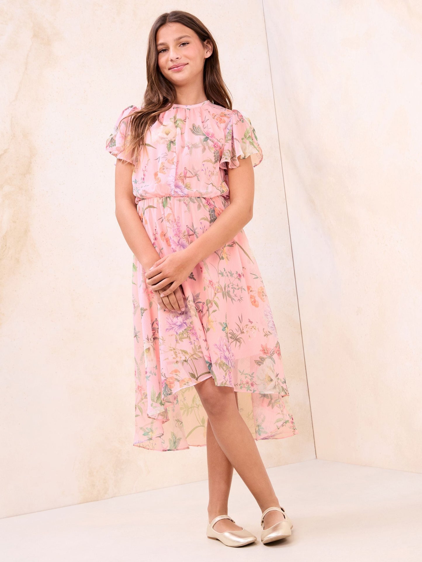 Lipsy Pink Floral Print Chiffon Occasion Dress (5-16yrs) image 1