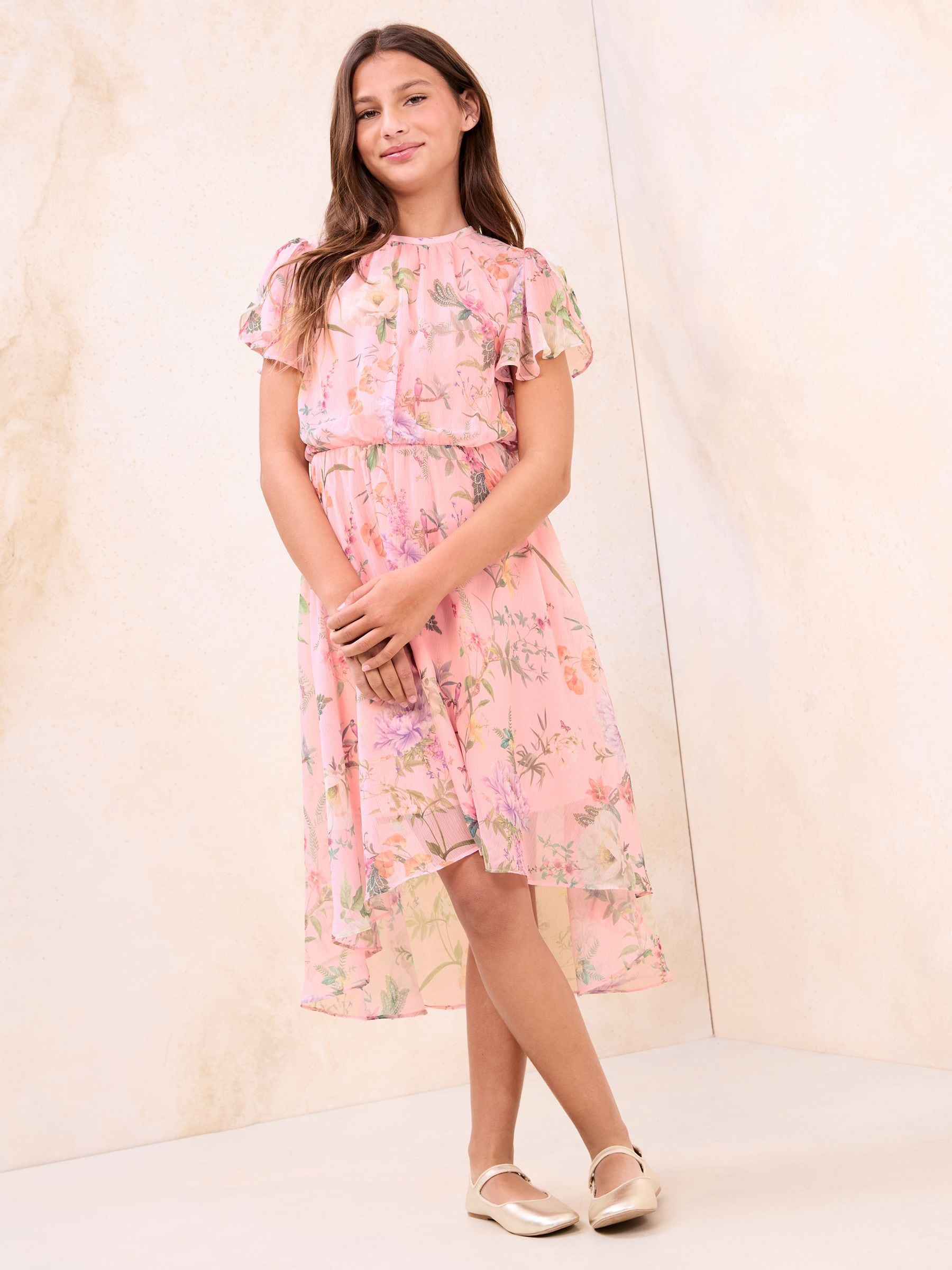 Lipsy Pink Floral Print Chiffon Occasion Dress (5-16yrs) image 1