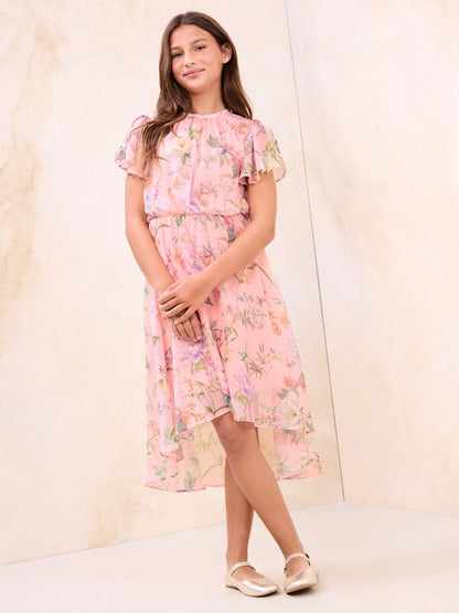 Lipsy Pink Floral Print Chiffon Occasion Dress (5-16yrs) image 1