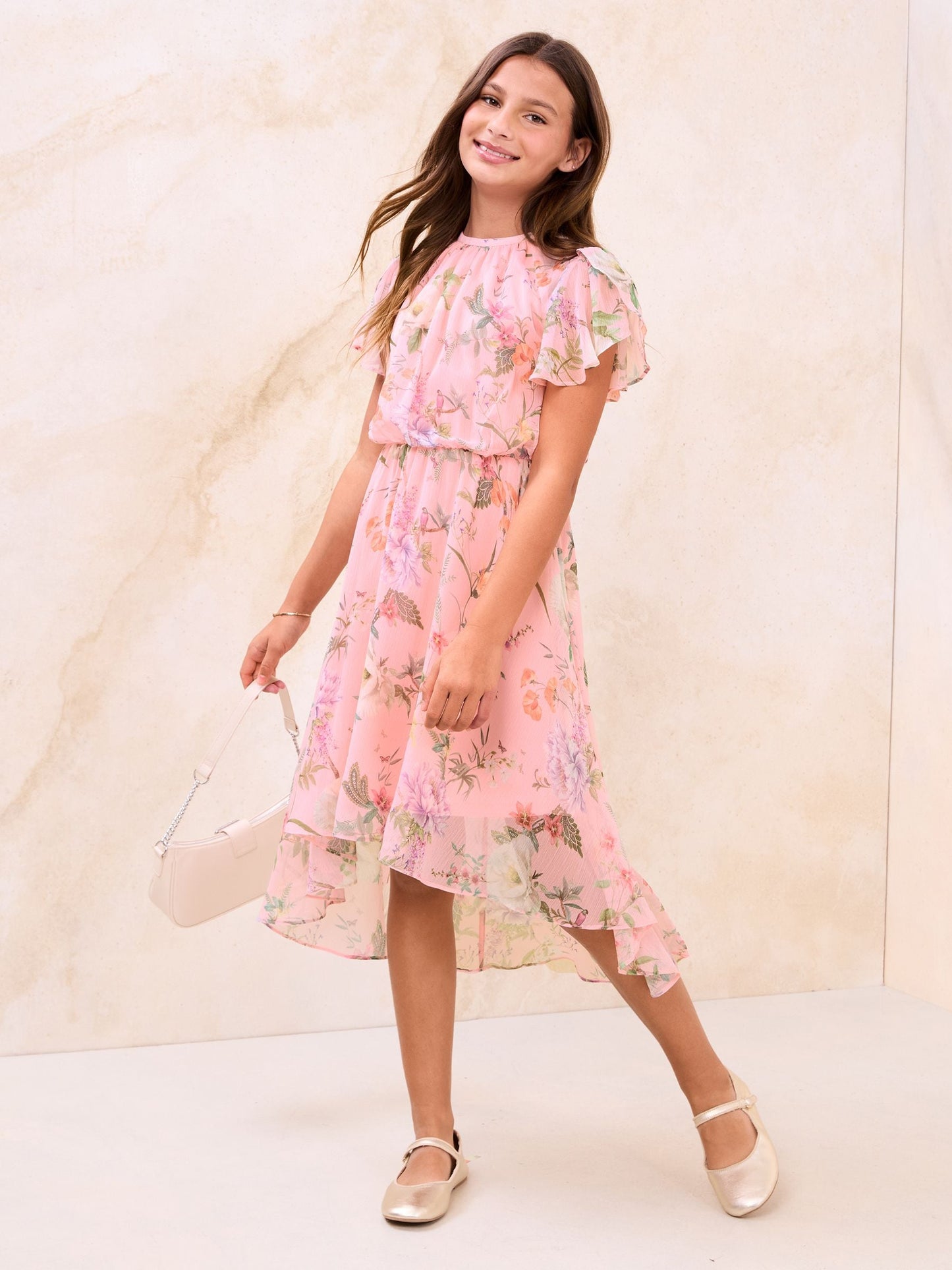 Lipsy Pink Floral Print Chiffon Occasion Dress (5-16yrs) image 3