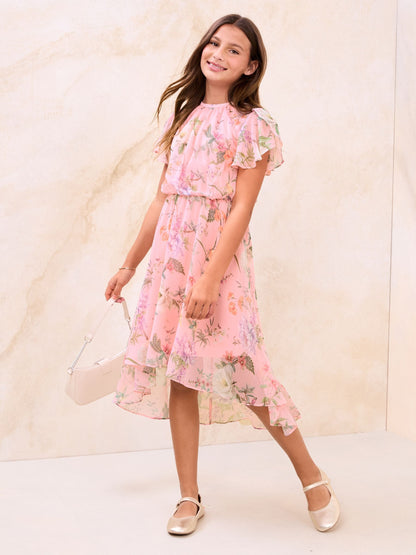 Lipsy Pink Floral Print Chiffon Occasion Dress (5-16yrs) image 3