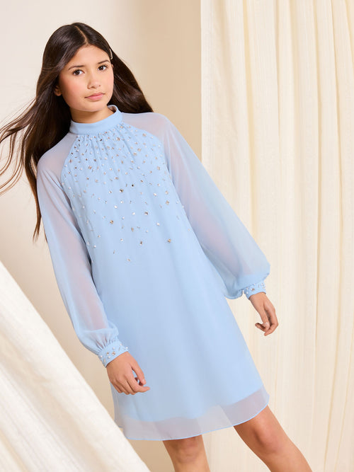 Lipsy Cornflower Blue Embellished Long Sleeve Occasion Dress (5-16yrs) image 1
