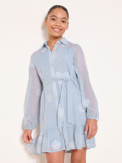 Lipsy Blue Dobby Floral Occasion Shirt Dress (5-16yrs) image 3