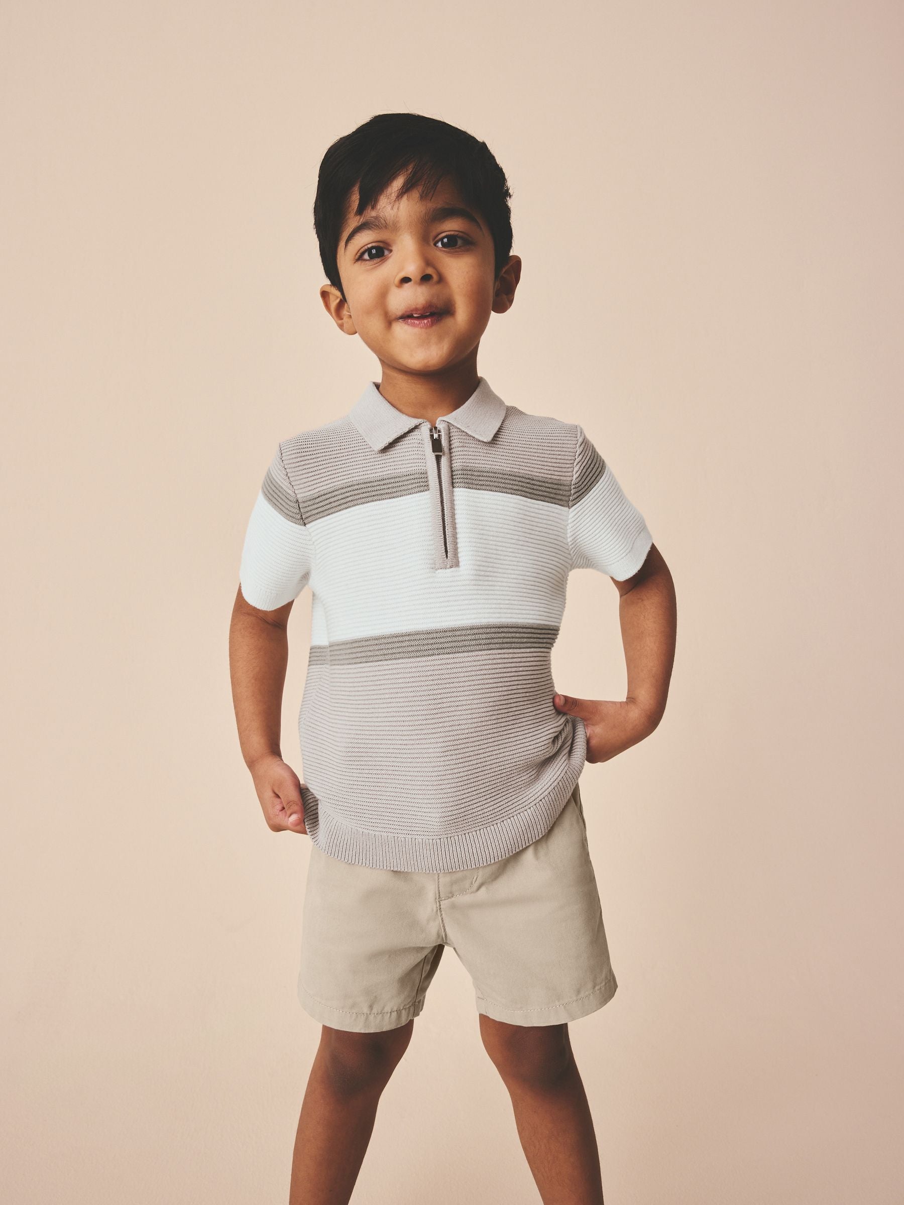 Dsiney Kidz - Neutral Colourblock Knitted Zip Neck Polo Shirt (3mths-7yrs) image 1