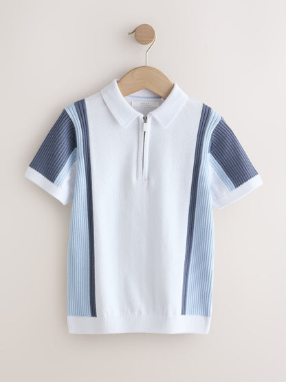 Dsiney Kidz - Blue/White Knitted Zip Neck Polo Shirt (3-16yrs) image 1