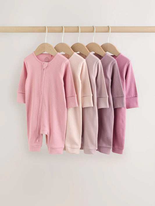 Pink 5 Pack Two Way Zip Baby Footless Sleepsuits (0mths-3yrs)