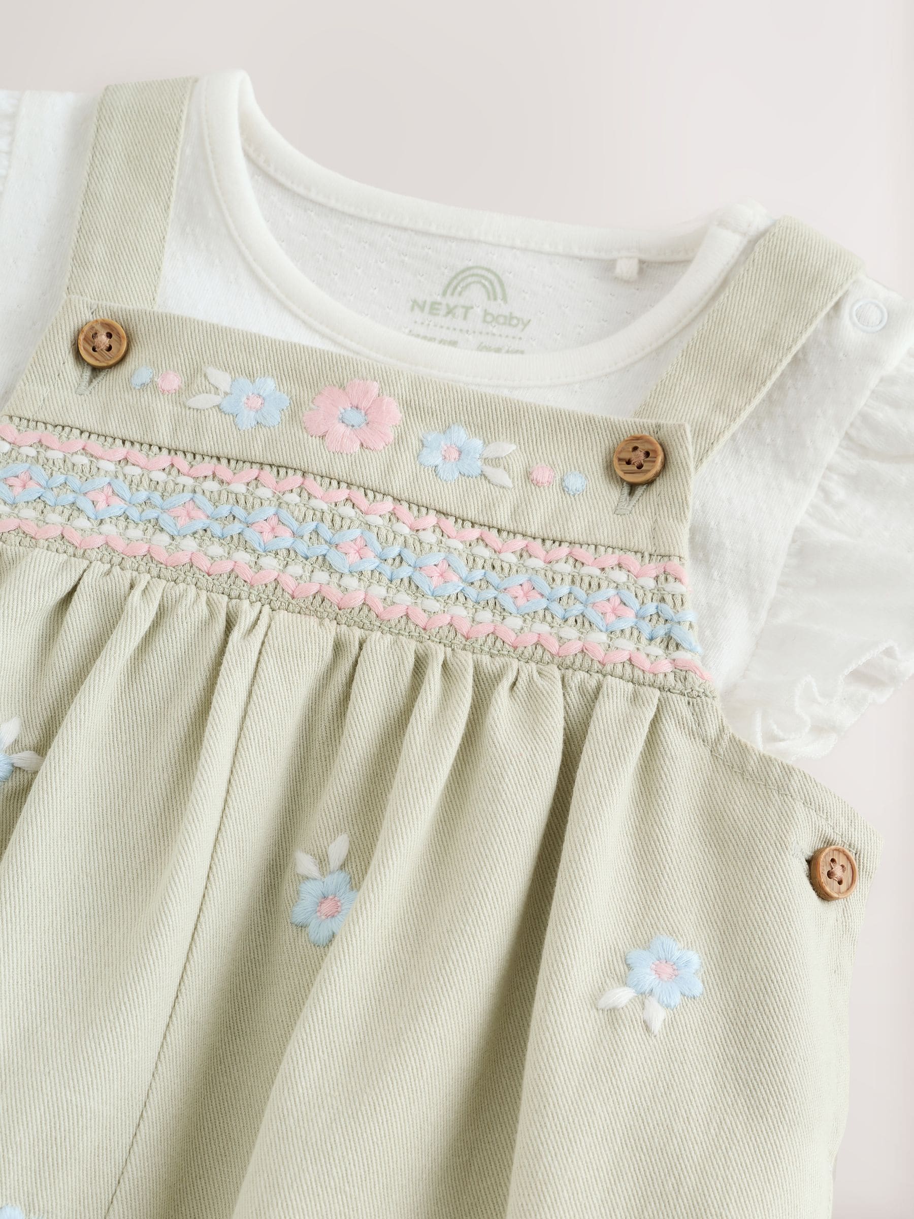 Sage Green Embroidered Baby Dungarees and Bodysuits Set 2 Piece (0mths-2yrs) image 5