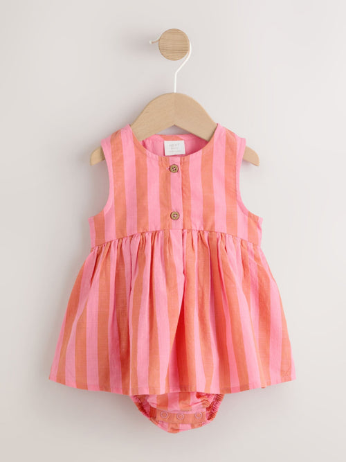 Pink Stripe Woven Baby Dress With Intergrated Bodysuit (0mths-2yrs) image 1