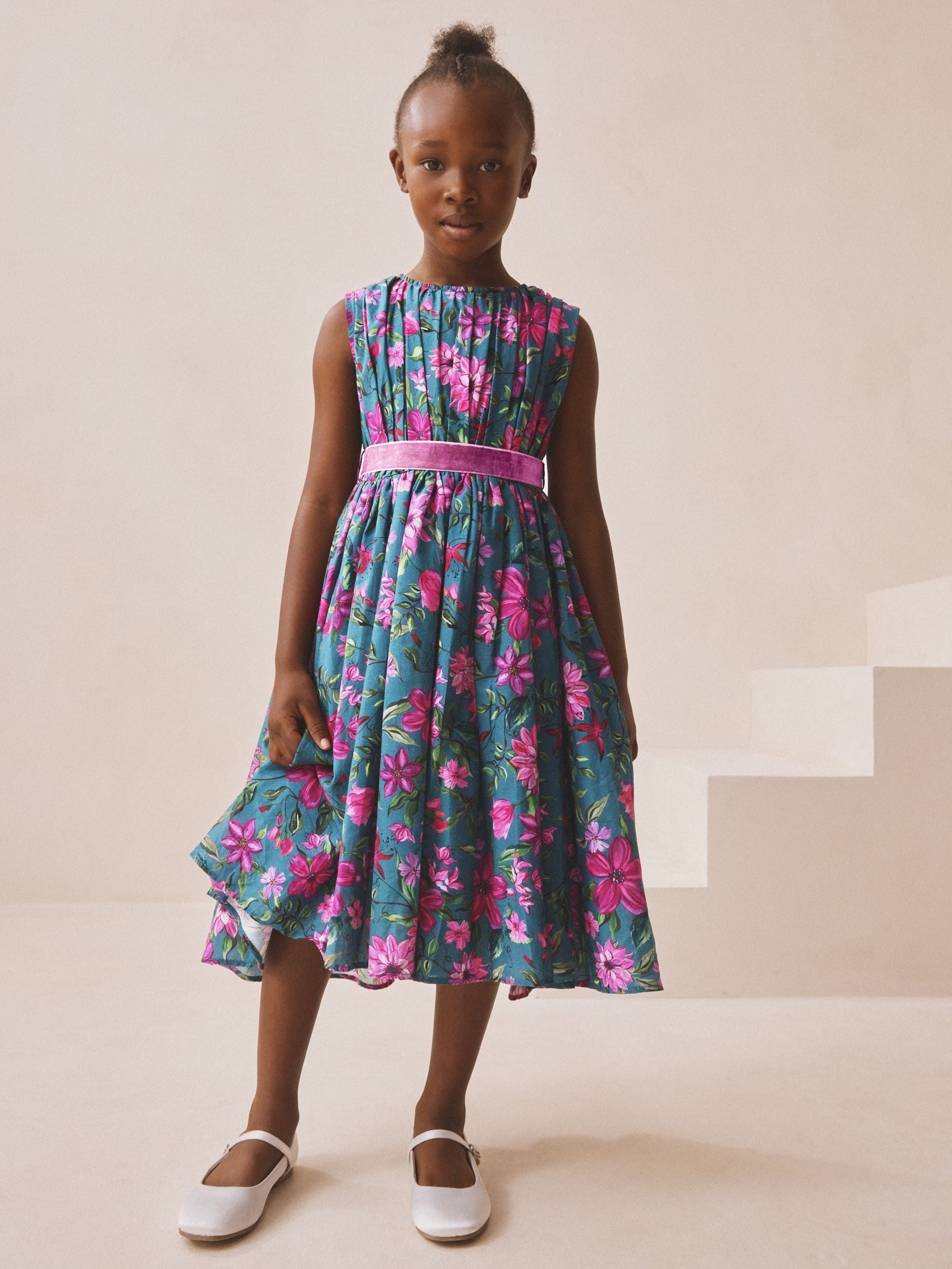 Teal Blue Floral Print Prom Dress (3-14yrs) image 2