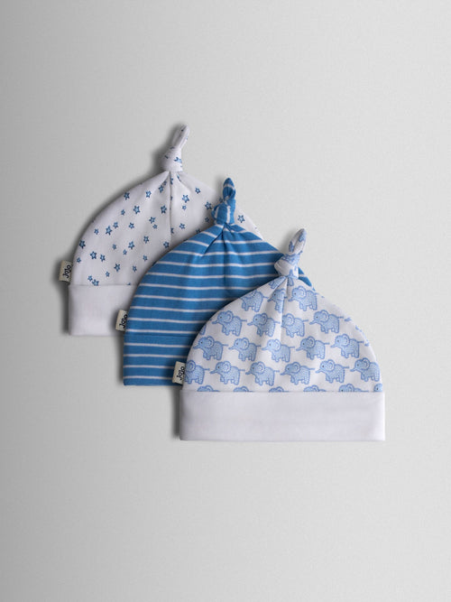 JoJo Maman Bébé Blue 3-Pack Elephant, Stripe & Star Baby Hats image 1