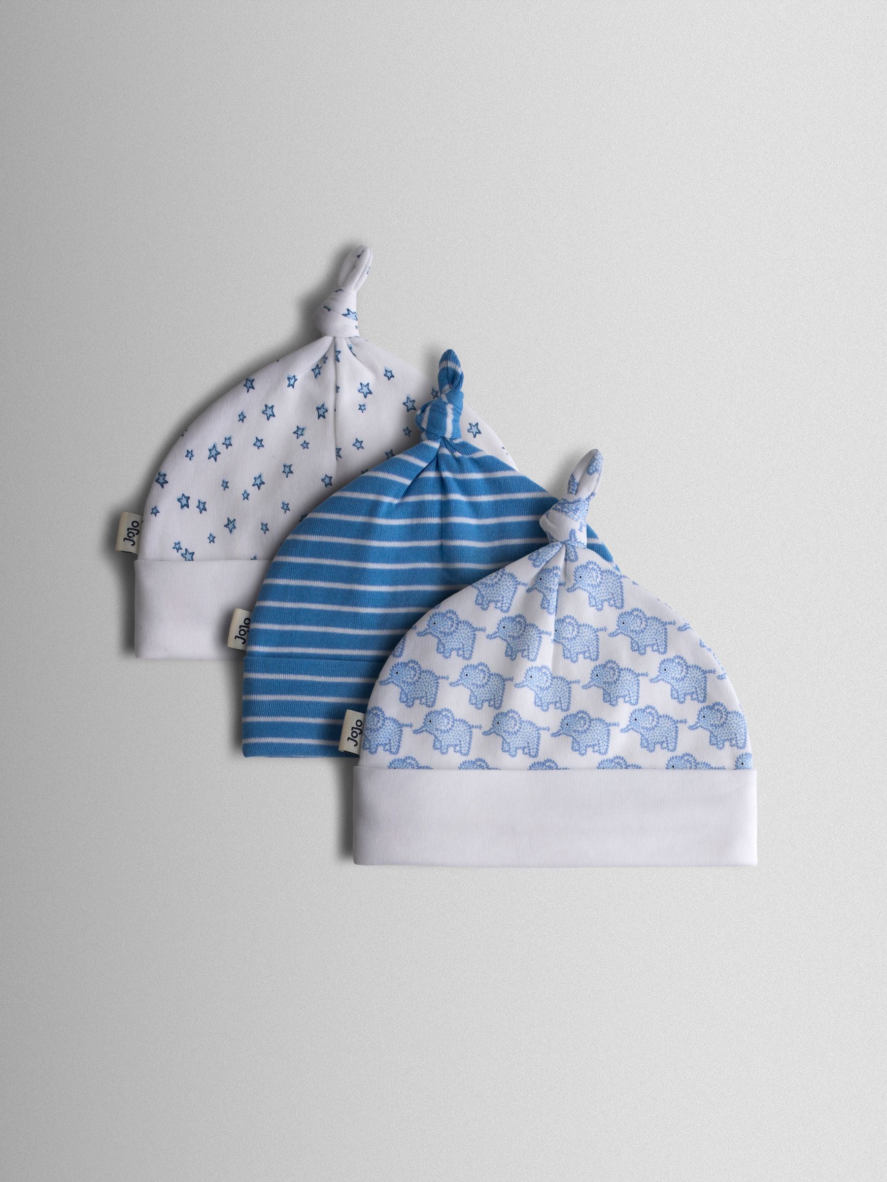 JoJo Maman Bébé Blue 3-Pack Elephant, Stripe & Star Baby Hats image 1