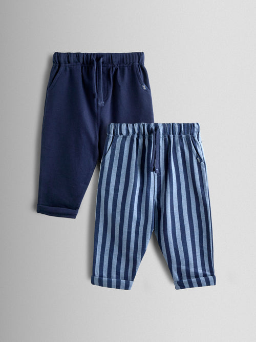 JoJo Maman Bébé Navy Blue 2-Pack Stripe & Plain Joggers image 1