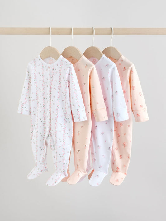 White/Pink 4 Pack Baby Sleepsuit (0-2yrs)