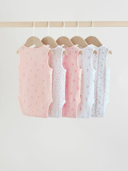 White/Pink 5 Pack Vest Baby Bodysuits