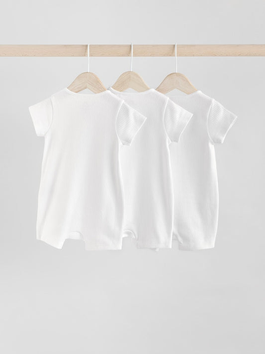 White 3 Pack Two Way Zip Baby 100% Cotton Rompers (0mths-3yrs)