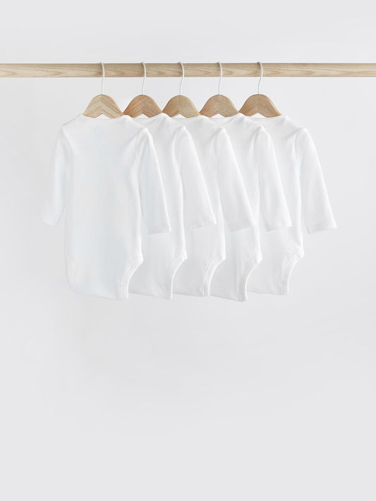 White 5 Pack Essential Baby Long Sleeve Bodysuits