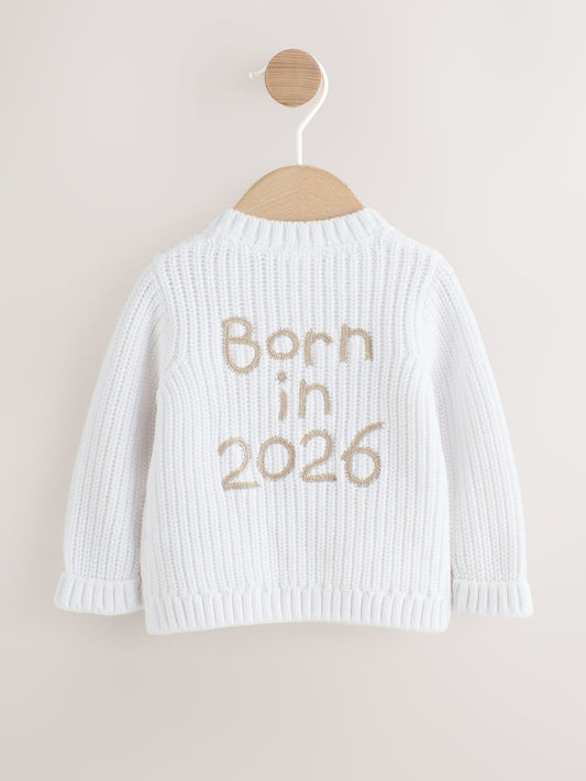 White Born In 2026 Baby Cardigan