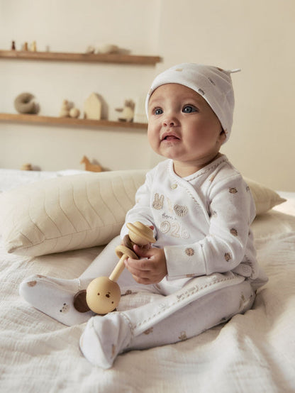 White Born in 2026 Baby Sleepsuit & Hat Set Immediate