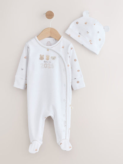 White Born in 2026 Baby Sleepsuit & Hat Set Immediate