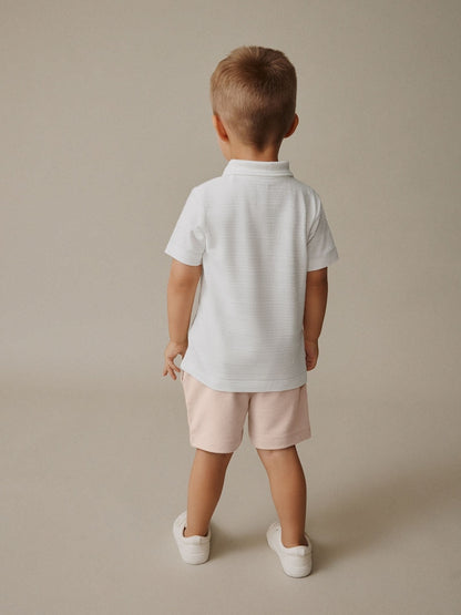 White Short Sleeve Textured Polo Shirt and Shorts Set (3mths-7yrs)
