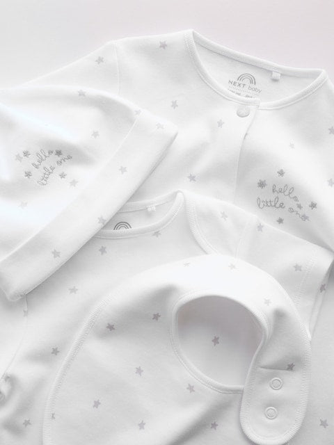 White Sleepsuit, Bodysuit, Hat and Bib Set 4 Piece Immediate