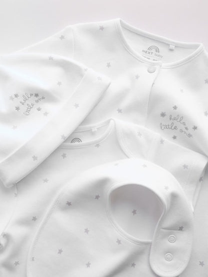 White Sleepsuit, Bodysuit, Hat and Bib Set 4 Piece Immediate