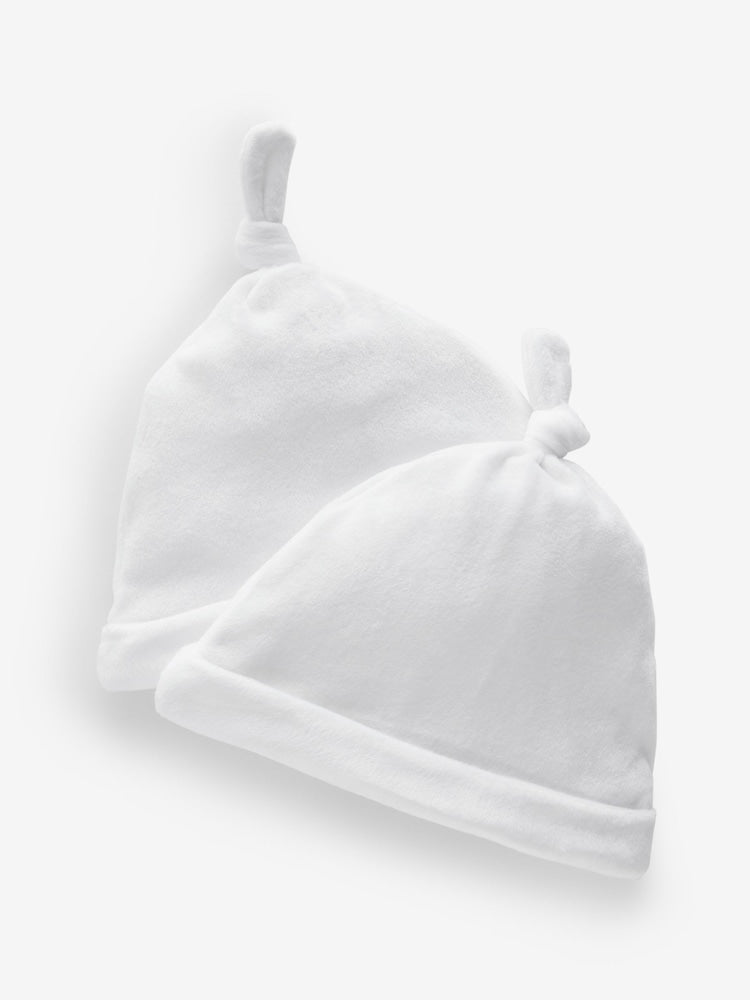White Velour Baby Tie Top Hats 2 Pack (0-12mths)
