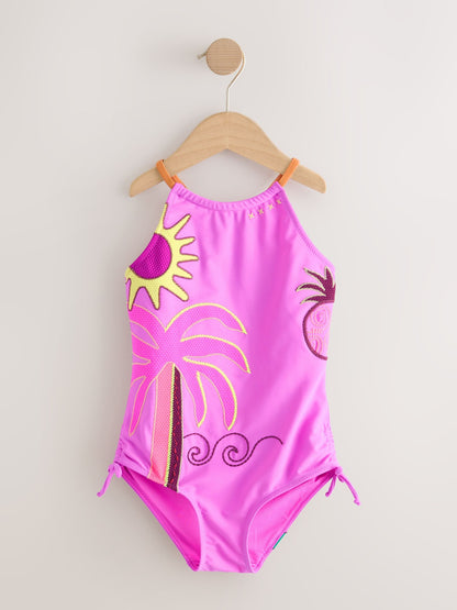 Dsiney Kidz - Purple Palm Applique Strappy Ruched Swimsuit (3-16yrs) image 4