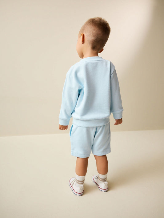 Light Blue Single Plain Crew Neck Sweatshirt and Shorts Set (3mths-7yrs) image 2