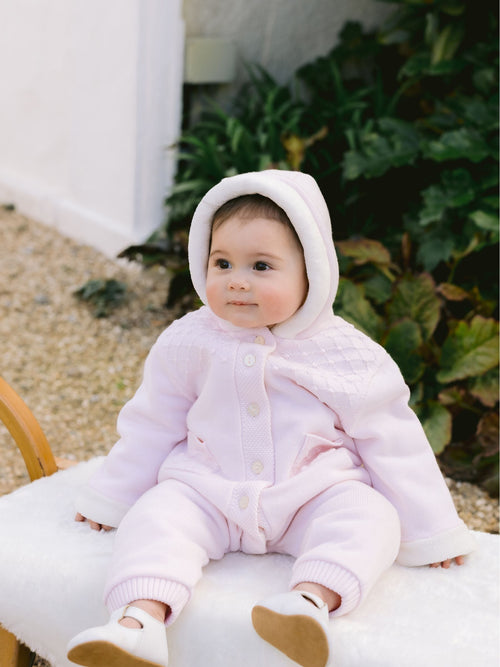 Emile Et Rose Pink Kane Knitted Pramsuit With Pockets Fur Trim And Pom-Pom image 1
