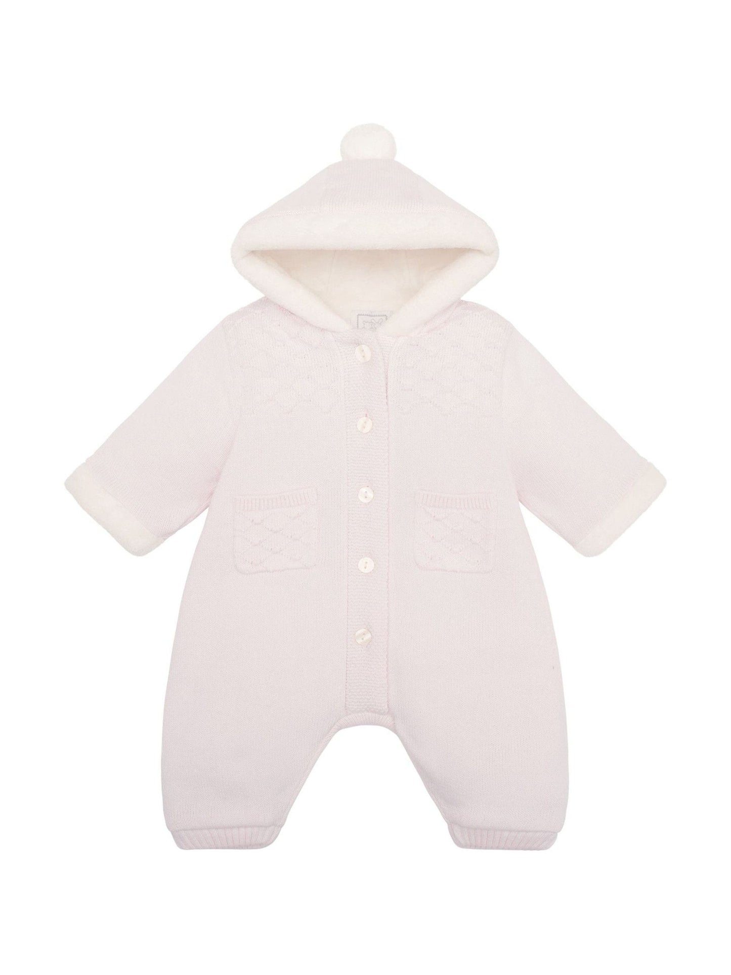 Emile Et Rose Pink Kane Knitted Pramsuit With Pockets Fur Trim And Pom-Pom image 3