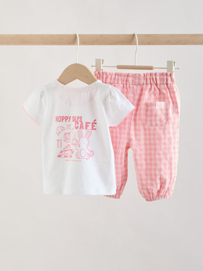 White Pink Bunny Short Sleeve Baby Tops and Wide Leg Leggings Set 2 Piece (0mths-2yrs) image 5